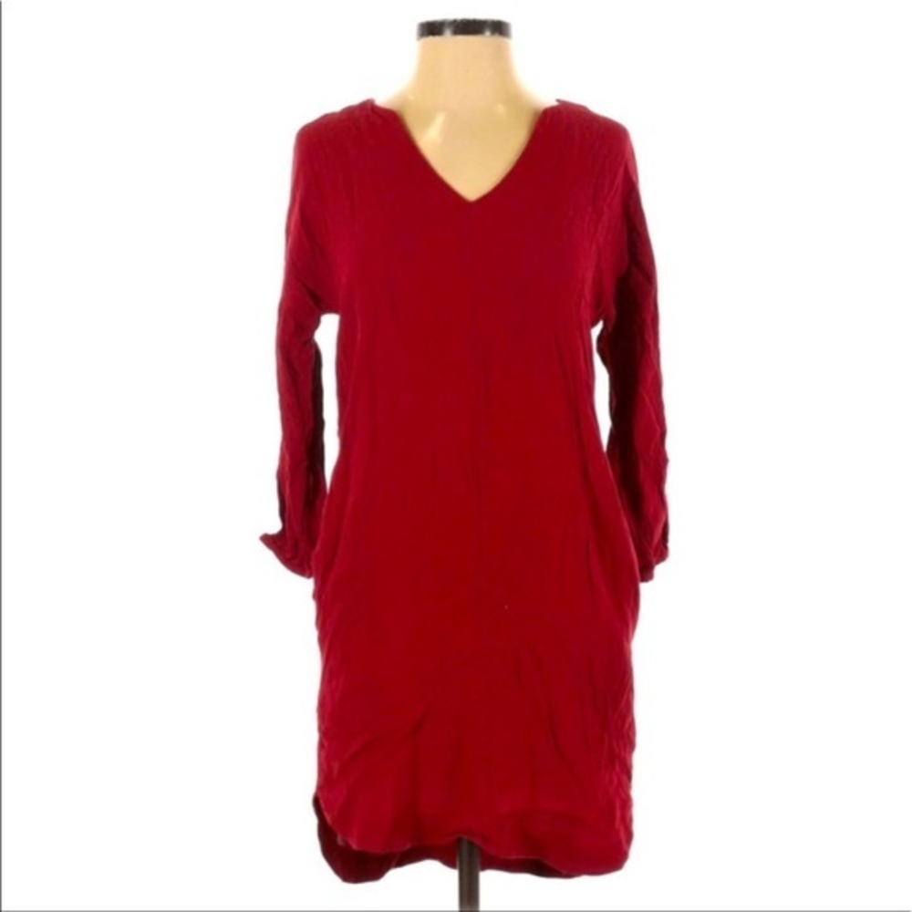 Madewell XXS red v neck elastic peasant sleeve slight hi-low holiday shift dress